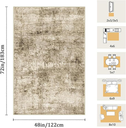 4x6 Machine Washable Area Rug for Living Room, Brown Modern Vintage Abstract Rug Large Non-Slip Low Pile Soft Faux Wool Carpet, Kids and Pets Friendly for Bedroom Dining Room Farmhouse Home Decor Rug