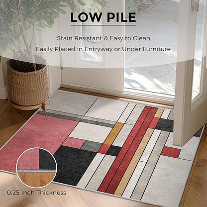 7x9 Abstract Geometric Rugs for Bedroom Decor, Washable Black White Red Geometry Pattern Area Rug, Living Room Home Decoration, Non Slip Soft Thin, Minimalist Modern Decor Carpet PF-P 49