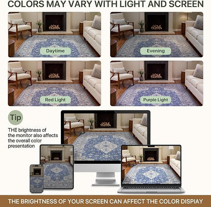 Bavni Vintage 8x10 Area Rugs, Boho Oriental Living Room Rug, Machine Washable Rug Non Slip, Distressed Print Indoor Large Blue Rugs, Low Pile Ultra-Thin Soft Carpet for Bedroom, Dining Room, Farmhouse