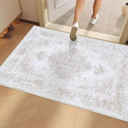 Entryway Rug 2x3 Vintage Rugs, Machine Washable Small Area Rug Retro Medallion Distressed Rugs Non-Slip Soft Low Pile Throw Rug for Entryway Bedroom Bathroom Hallway Kitchen(Beige,2'x3')