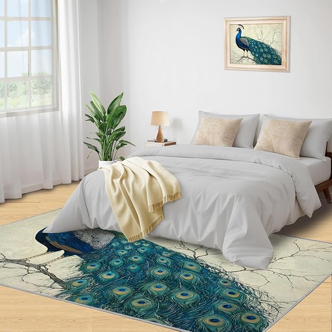 Peacock Area Rug 3x5-3x5 Rug, Peafowl Rugs for Living Room, Teal Turquoise Carpet, Modern Style Washable Area Rugs for Bedroom, Peacock Feather Carpet - Peafowl Home Decor & Gifts