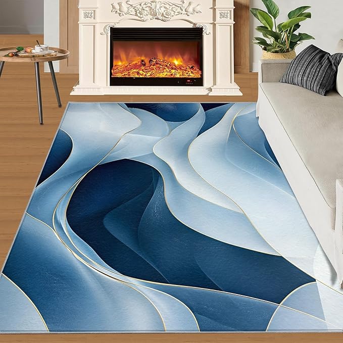 2x3 Abstract Lines Rugs for Entryway - Blue-White-Waves Small Area Rugs, Modern Abstract Laundry Room Carpet Non Slip Accent Throw Rug for Bathroom Kitchen Sink Front Door