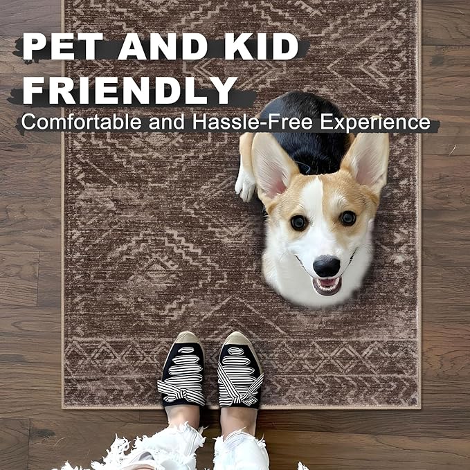 KILOCOCO Boho Entryway Rug 3x5 Area Rug Washable Non Slip Throw Rugs Soft for Kitchen Living Room Dining Bedroom Geometric Moroccan Carpet, Rust Red