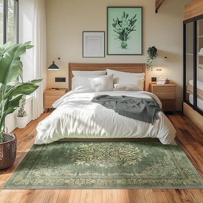 jinchan Green 4x6 Area Rugs Vintage Floral Design - Machine Washable Distressed Soft Ultra-Thin Low-Pile Non-Slip Carpet for Entryway Kitchen Bedroom Nursery Living Room Dining Room (4x6ft,Green)