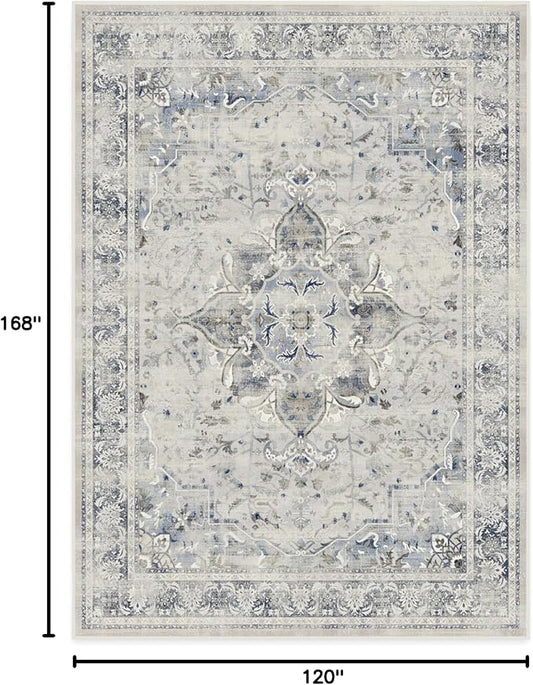 RUGGABLE Washable Vintage Area Rug – Sarrah Blue Quartz 10x14, Stain-Resistant, Non-Slip – Large Machine Washable Rugs for Living Room, Bedroom, Hallway, Entryway & Office–with Standard Pad