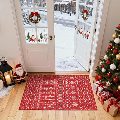 Lahome Christmas Door Mat 2x3 Red Entryway Rug Small Washable Area Rugs Non-Slip Indoor Entry Carpet Throw Soft Bathroom Mat, Snowflake Home Xmas Holiday Decor Thin Floor Doormat Carpet for Bedside