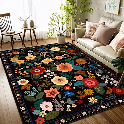 Floral 3x5 Area Rug Machine Washable Soft Print Boho Carpet Non Slip Doormat Low Pile Flower Area Rugs for Living Room Bedroom Nursery Kitchen Dining Room Indoor-Black