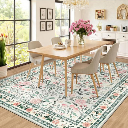 Area Rugs 9x12 Living Room: Floral Washable Rug Vintage Large Soft Boho Non-Slip Carpet Indoor Stain Resistant Low Pile Carpets for Bedroom Dining Room Farmhouse Nursery Home Office Green Beige