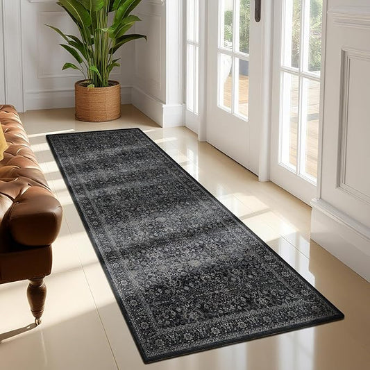 Charcoal Black 2x6 Runner Rug for Hallways Entryway, Vintage Earth Tone Kitchen Bathroom Runner 6ft, Non Slip Washable Low Pile Thin Carpet Runner for Mudroom/Laundry Room/Bedroom Bedside