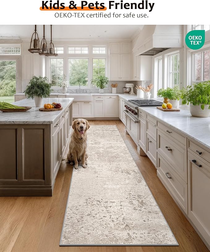 Art&Tuft Non-Slip Runner Rug - 3x10 Runner Rug Washable Low-Pile Rugs Runners, Soft Distressed Carpet Runner for Bedroom Bathroom Kitchen Laundry Living Room, Beige