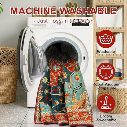 WILLSUN Washable Area Rugs, 4x6 Non-Slip Boho Large Area Rugs for Living Room, Bedroom, Machine Washable Vintage Rug, Indoor Floral Print Carpet for Home Decor, Kid & Pet Friendly Mat