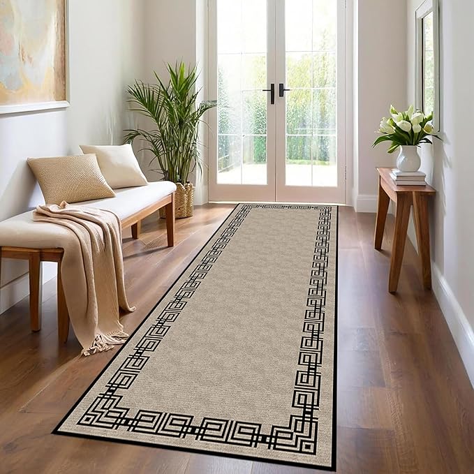 Vintage Tribal Hallway Rugs, 2x7ft, Southwest Brown Rustic Native Ethnic Greek Key Pattern Carpet Runners, Ultra-Thin Foldable Low Pile Distressed Rug for Dining Room Lounge