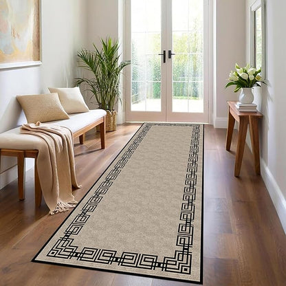 Vintage Tribal Hallway Rugs, 2x8ft, Southwest Brown Rustic Native Ethnic Greek Key Pattern Carpet Runners, Ultra-Thin Foldable Low Pile Distressed Rug for Dining Room Lounge