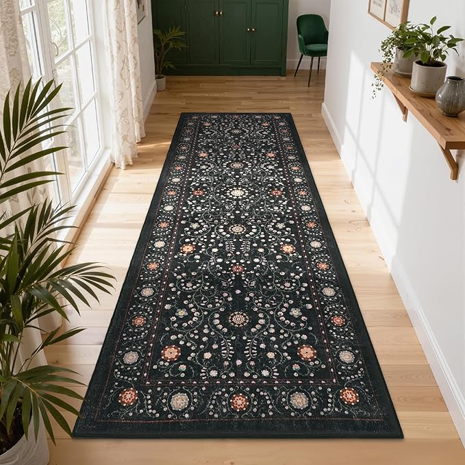 GarveeHome Boho 2x6 Runner Rug for Hallways Non Slip, Vintage Botanical Kitchen Rugs Washable Area Rug for Entryway Stain Resistant, Low Pile Soft Runner Black Carpet for Bedroom Floor Laundry Room