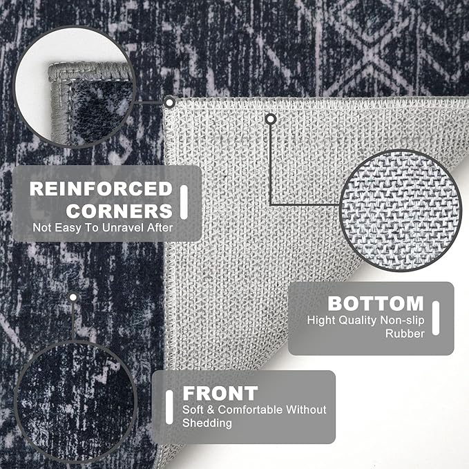 KILOCOCO Boho Entryway Rug 3x5 Area Rug Washable Non Slip Throw Rugs Soft for Kitchen Living Room Dining Bedroom Geometric Moroccan Carpet, Black/Navy