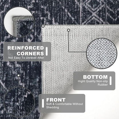 KILOCOCO Boho Entryway Rug 3x5 Area Rug Washable Non Slip Throw Rugs Soft for Kitchen Living Room Dining Bedroom Geometric Moroccan Carpet, Black/Navy