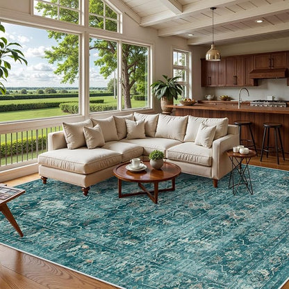 Lahome Vintage 8x10 Washable Blue Rugs for Living Room Bedroom, Boho Dining Room Rugs for Under Table, Soft Non Slip Indoor Throw Carpet for Home Office Playroom (8x10ft,Blue)