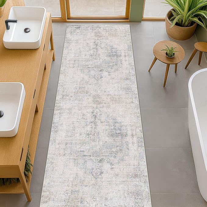 Light Blue 2'6''x8' Wide Hallway Runner Rug - Washable Kitchen Sink Rug, Non Slip 8ft Long Runner Rug for Entryway, Abstract Dusky Blue Home Décor