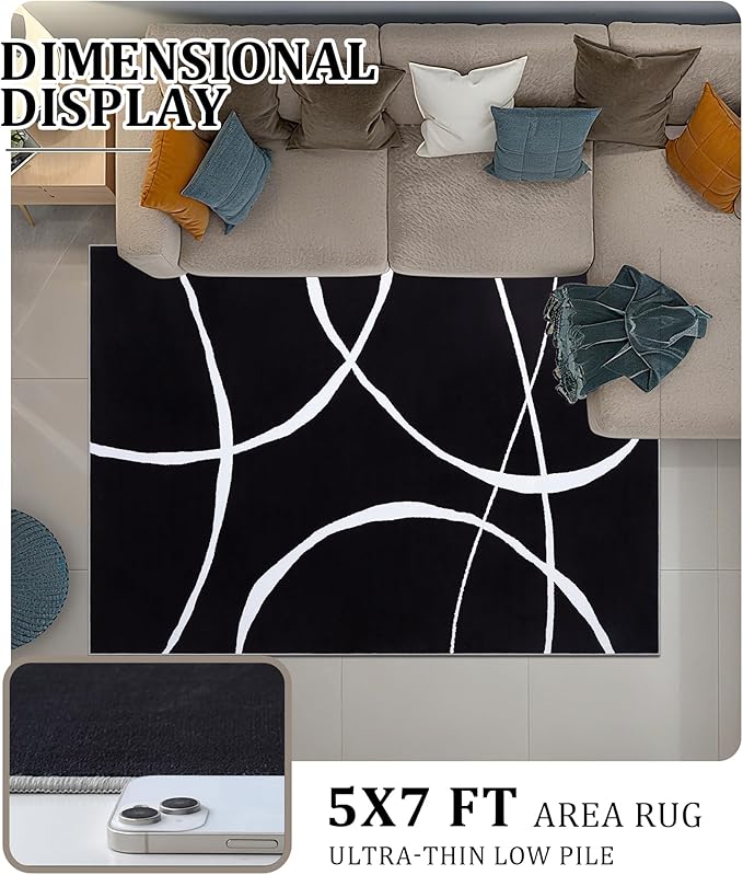 YIHOUSE Modern Washable Area Rug for Living Room Bedroom - Large Abstract Black and White Rug Non-Slip Ultra-Thin Home Decor (Dark Curve, 5'x7'ft)
