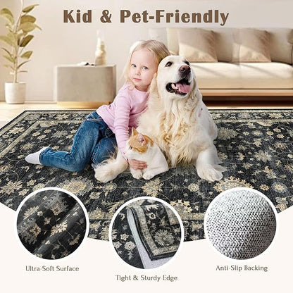 Washable Hallway Runner Rug 2.5x12ft - Long Non-Slip Charcoal Black Boho Runner Rug Low Pile Soft Vintage Farmhouse Moody Runners for Hallways Kitchen Living Room Indoor Entryway Bedroom