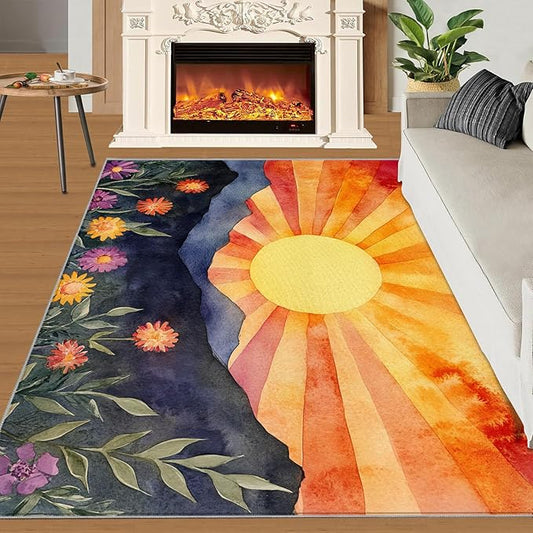 Boho Sun Area Rugs 3x4ft, Radiant Sunburst Kids Bedroom Rug, Geometric Solar Bedside Rug Durable Non Slip for Cafe Living Room Under Table Boys Room Decor