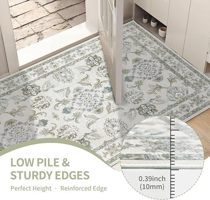 8x10 Washable Area Rugs Beige and Sage Green Vintage Boho Floral Farmhouse Rug for Living Room Bedroom, Non Slip Low Pile Carpet