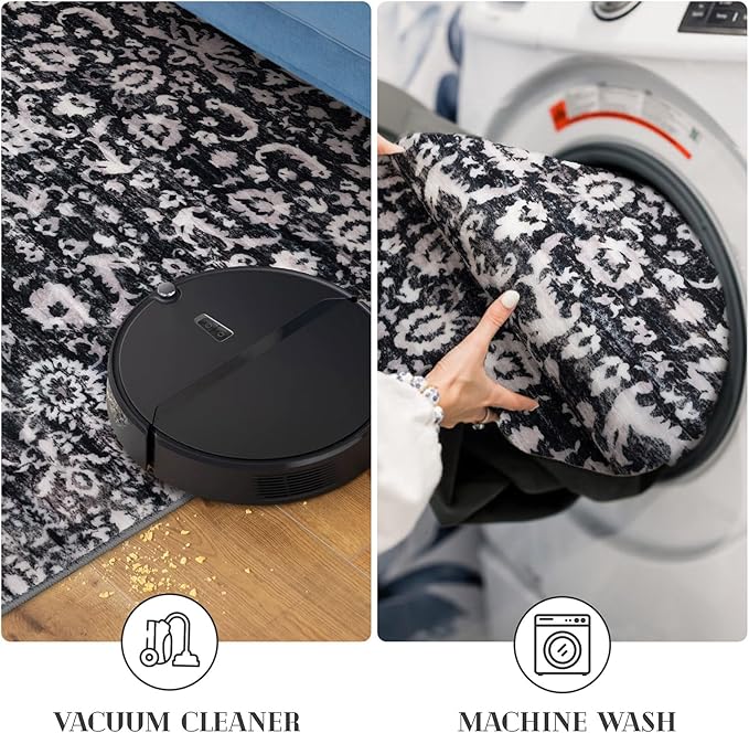 Vintage Floral 3x5 Rug, Black and White Entryway Rug Small Area Rug Washable Non-Slip Throw Rug, Thin Printed Faux Wool Low-Pile Kitchen Rugs Super Soft Capet for Entrance Bedroom Office