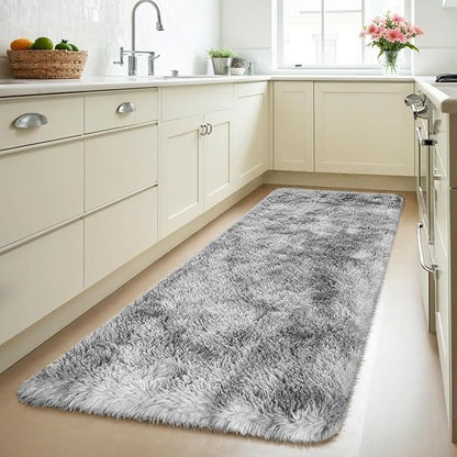 Zentavio Runner Rugs for Hallway 2x6 Shag Soft Bedroom Bedside Rugs Non Slip Fluffy Carpet for Kids Girls Boys Home Decor Aesthetic Dorm Nursery Tie-Dyed Grey White