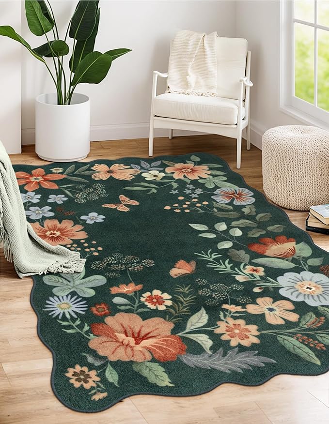Lahome Floral Machine Washable Rug, 3x5 Rug Non Slip Soft Bedroom Rugs for Entryway Dorm, Ultra-Thin Boho Rugs for Living Room Stain Resistan Throw Carpet for Nursery Entrance, Dark Green