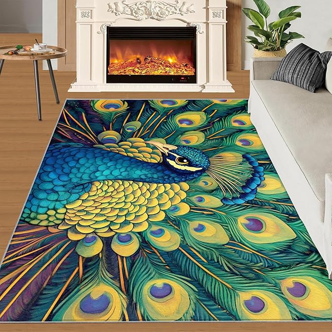 Peacock Rug 5x6-5x6 Rug, Wonderful Peacock Area Rugs for Bedroom, Teal Turquoise Rugs for Living Room, Modern Style Washable Mat, Malachite Green Feather Carpet - Peafowl Home Decor & Gifts