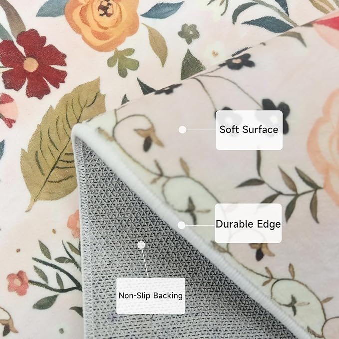 Floral Rug 4x6 Washable Low Pile Living Room Vintage Rug Soft Print Non-Slip Bedroom Carpet for Office Dining Room Home Decor（Pink）