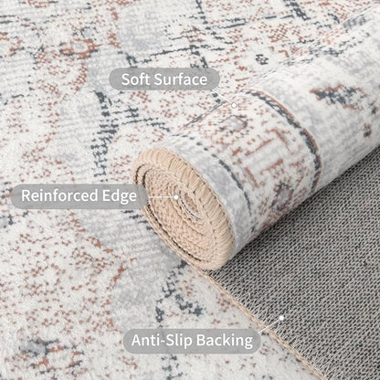 Easy-Going Area Rug 4x6 Washable Boho Rugs for Living Room Non-Slip Bedroom Rug Low Pile Lightweight Vintage Distressed Throw Rug for Dining Room Kitchen Home Office Carpet, Grey Brick