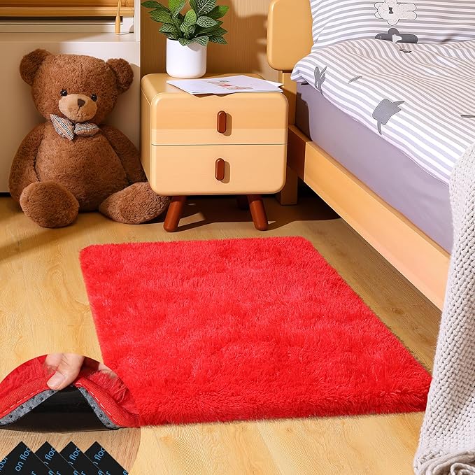 2x3 Red Rug for Bedroom Living Room, Fluffy Small Area Rug Soft Shag Carpet for Kids Boys and Girls Room with 4 Rugs Non-Slip Stickers Dorm Home Decor (2ft x 3ft)