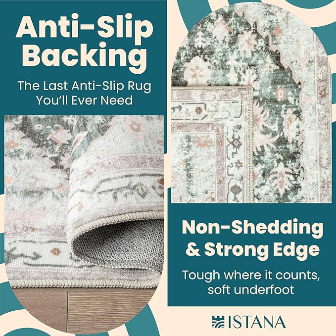 Istana Hallway Runner Rug 2x6 - Light Green/Beige Kitchen Rugs Non Slip Washable -Silk's Soft Touch Carpet Runner - Stylish Rug for Home