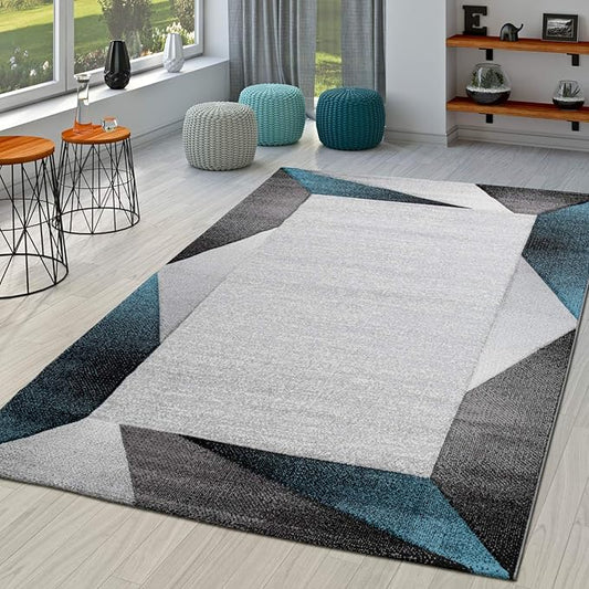 Paco Home Modern Area Rug Bordered with Geometric Pattern Turquoise Grey with Contour Cut, Size: 2'8" x 9'10"