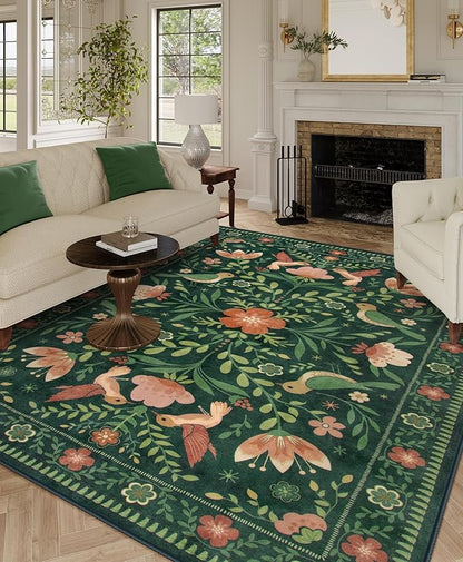 Moynesa Green Washable 8x10 Area Rugs for Living Room Bedroom Dining Room, Modern Cottage Farmhouse Aesthetic Floral Bird Medallion Carpet, Vintage Home Decor Open Floor Areas Protection Non-Slip