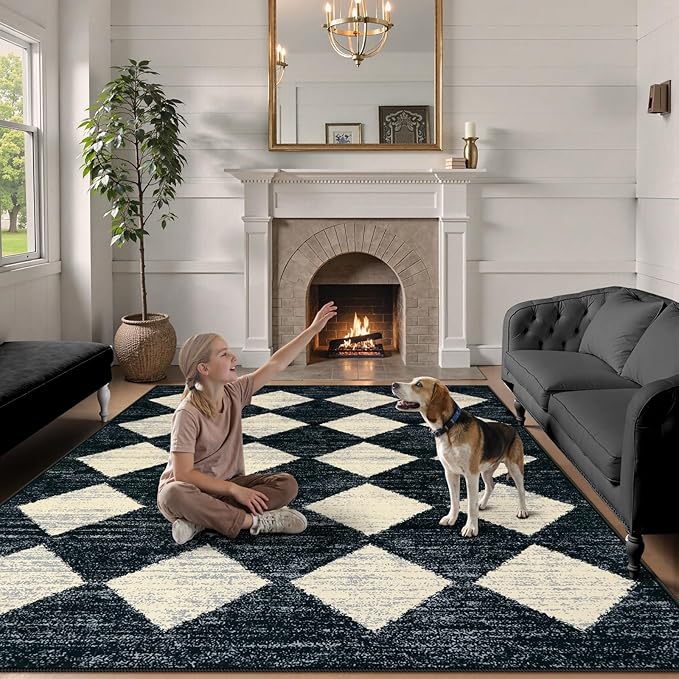 Lahome Machine Washable Area Rug 6x9, Soft Large Bedroom Rug Non Slip Living Room Rugs Dining Room Rugs for Under Table, Moroccan Trellis Printed Black and White Indoor Carpet for Den Dorm Playroom