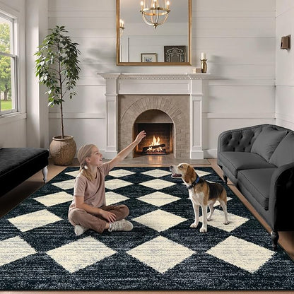 Lahome Machine Washable Area Rug 6x9, Soft Large Bedroom Rug Non Slip Living Room Rugs Dining Room Rugs for Under Table, Moroccan Trellis Printed Black and White Indoor Carpet for Den Dorm Playroom