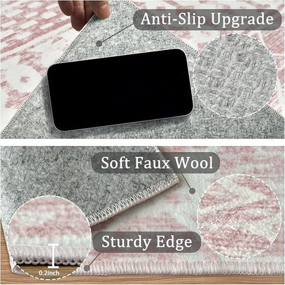 4x6 Machine Washable Area Rug for Living Room, Pink Vintage Moroccan Rug Large Non-Slip Low Pile Soft Faux Wool Carpet, Kids and Pets Friendly for Bedroom Dining Room Farmhouse Home Decor Rug