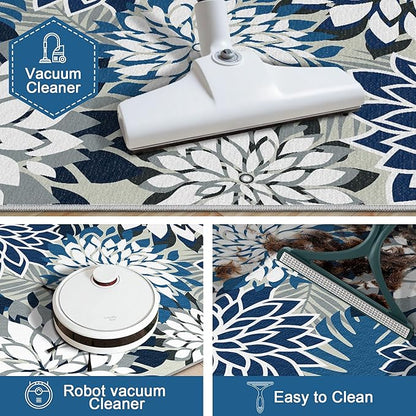 3x5 Washable Rug for Living Room Tropical Botanical Modern Floral Chenille Area Rugs Low Pile Non Slip Carpet for Patio, Bedroom, Laundry, Blue