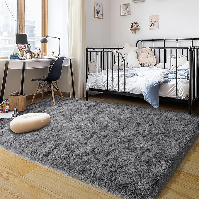 Dark Gray Fluffy Rug Plush Carpet for Bedroom Dorm, Non-Slip High Pile Rug, Shag Rug for Playroom Nursery Home Office Decor 8X10 Ft