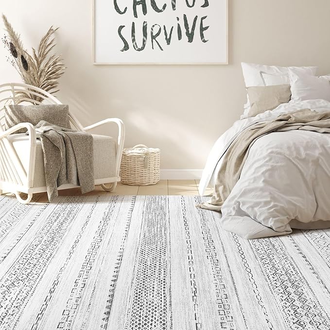 Nakagishi Area Rug Living Room Rugs: 4X6 Machine Washable Boho Large Neutral Farmhouse Stain Resistant Moroccan Indoor Floor Carpet for Bedroom Nursery Dorm Dining Room Home-Color Gray