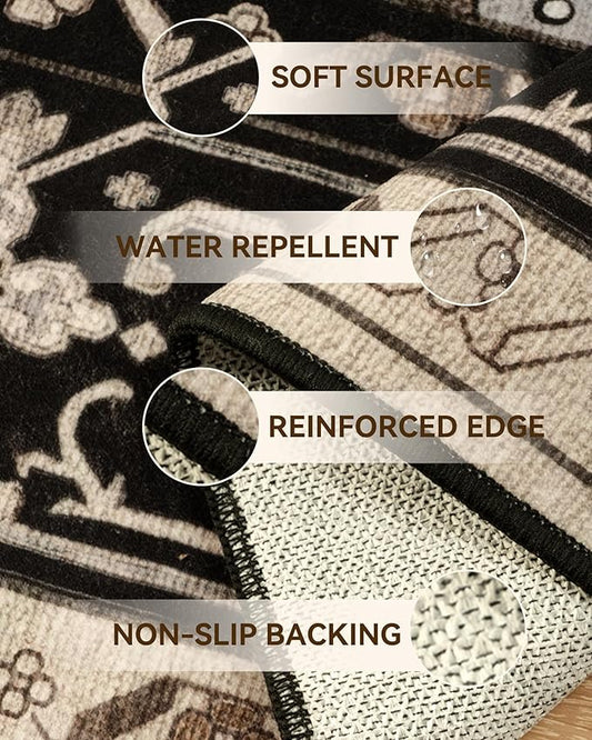 Area Rugs 6'x9' Washable Non-Slip, Floral Vintage Distress Print Pattern Medallion Carpet for Living Room Bedroom Dining Room, Black Brown Neutral Dark Tan