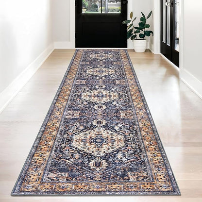KOZYFLY Runners for Hallways 2.6x12 Ft Extra Long Washable Kitchen Boho Runner Rug for Entryway Indoor Gold Navy Printed Faux Wool Stair Runner Floor Carpet Runner for Stair Kitchen Hall