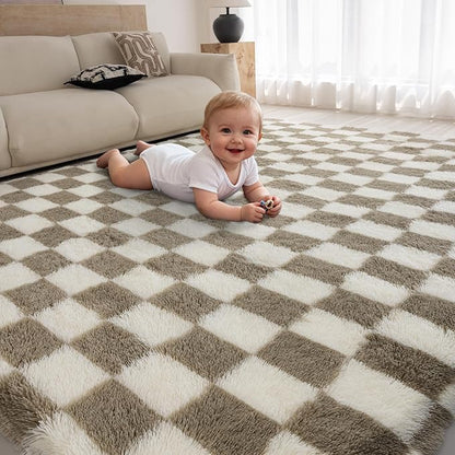 4x6 Area Rugs for Living Room Bedroom, Soft Fluffy Shaggy Bedside Rug, Indoor Floor Carpet for Kids Playroom, Dorms, Nursery Rooms, Home Decor (Camel & White 4'x6')