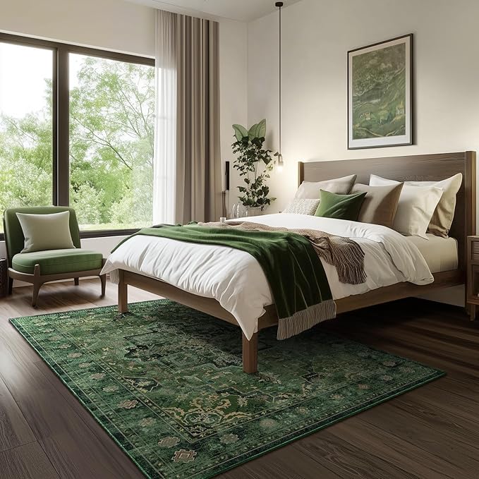Green Medallione 6x8 Area Rugs for Living Room, Low Pile Thin Washable Non Slip Rugs for Bedroom Dining Room, Vintage Distressed Carpet for Home Office Guest Room