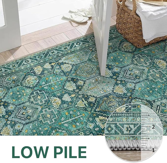 Bavni 2x3 Entryway Rug Bathroom Rugs for Front Door Bedroom Bathroom Kitchen, Washable Vintage Print Carpet, Ultra-Thin Chenille Lightweight Rug with Non Slip Backing, Dark Green