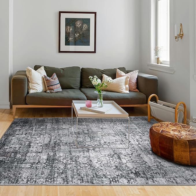 Area Rug 5×7, Vintage Boho Rug,Ultra-Soft Low Pile, Washable, Non Slip,Stain Resistant Printed Carpet for Living Room Bedrooms Playroom Office Kitchen, Dark Stone