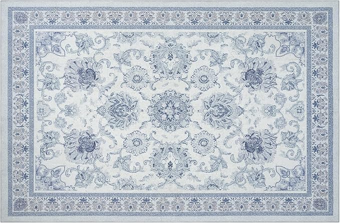 Phantoscope Washable Area Rug 6'x9' Non-Slip, Vintage Neutral Rugs for Living Room, Bedroom, Dining Room, Distressed Boho Floral Medallion Pattern, Low-Pile Foldable Floor Carpet, Blue/White