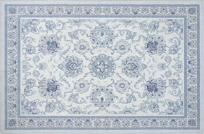 Phantoscope Washable Area Rug 6'x9' Non-Slip, Vintage Neutral Rugs for Living Room, Bedroom, Dining Room, Distressed Boho Floral Medallion Pattern, Low-Pile Foldable Floor Carpet, Blue/White